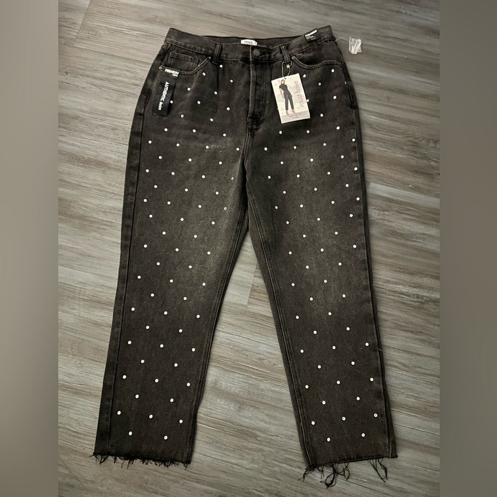 Simple Society Women Jeans Black Denim Rhinestone Polka Dot‎ High Rise Size 32